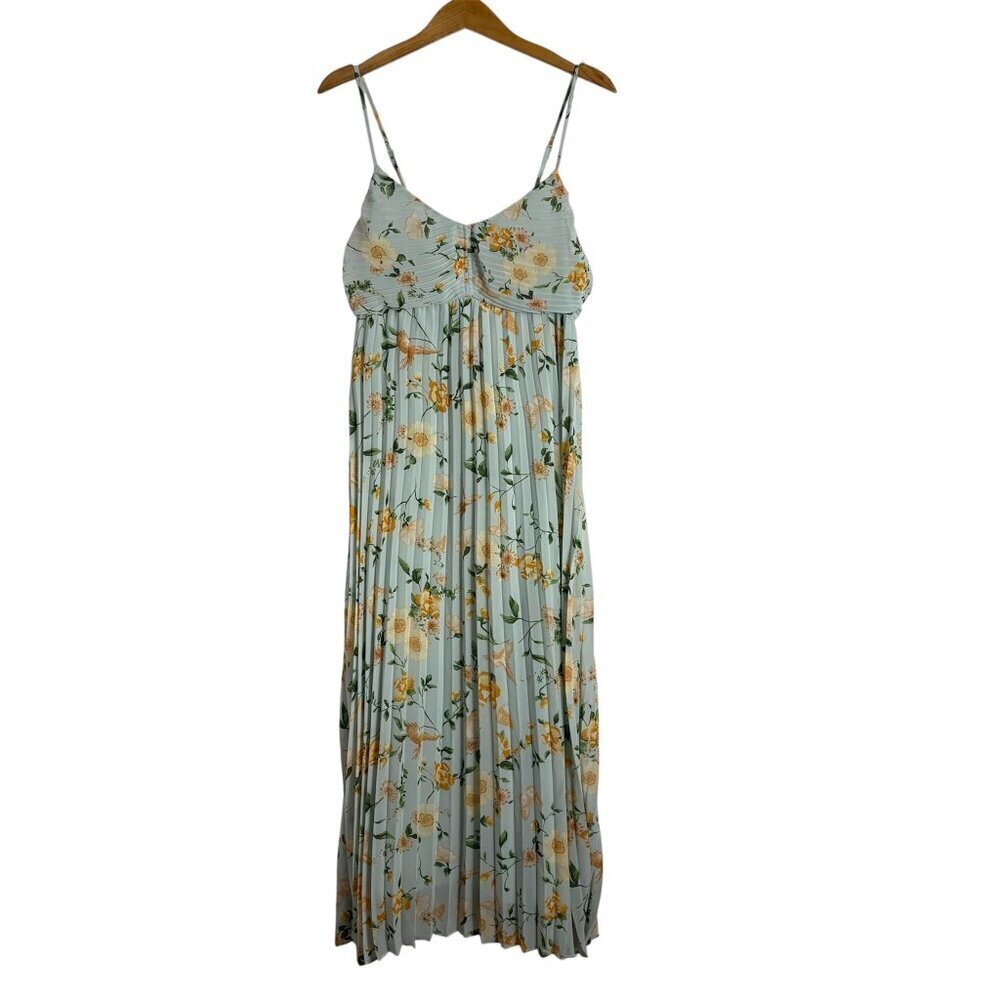 Floral Pleated Maxi Dress By The River Women’s L Sage Green Spaghetti Strap Boho
